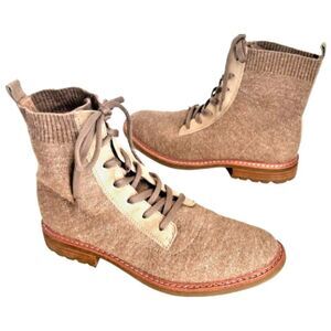 Sofft Combat Boots 10 Landee Caramel Beige Knit Textile Leather Shoes Comfy!